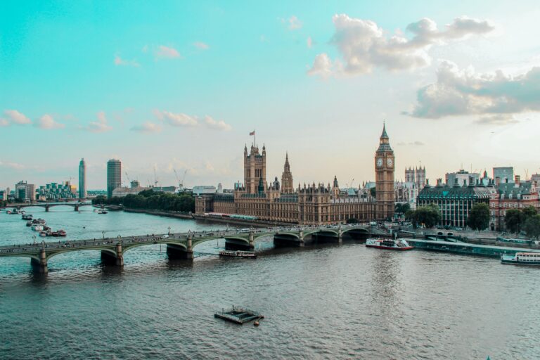 Captivating aerial view of Westminster Palace, Big Ben, and River Thames in London, UK.