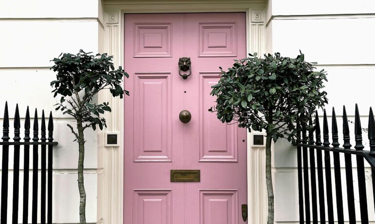 Pink door with decorative facade and potted plants in London street scene.